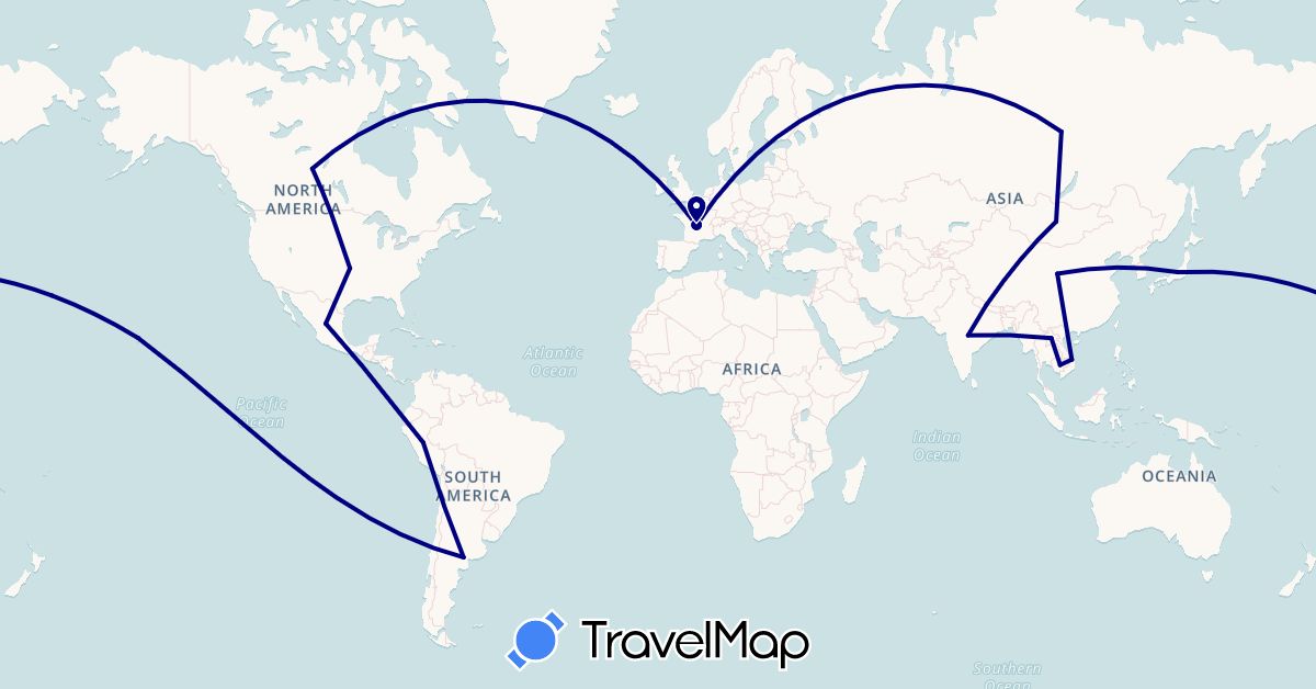 TravelMap itinerary: driving in Argentina, Canada, China, France, India, Japan, Cambodia, Laos, Mongolia, Mexico, Nepal, Peru, Russia, United States, Vietnam (Asia, Europe, North America, South America)